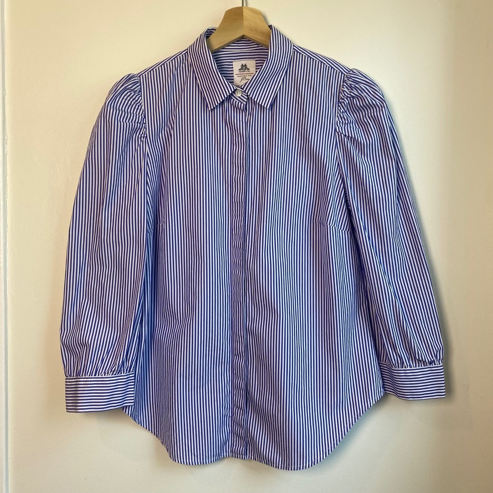 J Crew Thomas Mason Shirt Women 4 Blue White Striped Puff Sleeve Preppy Classic